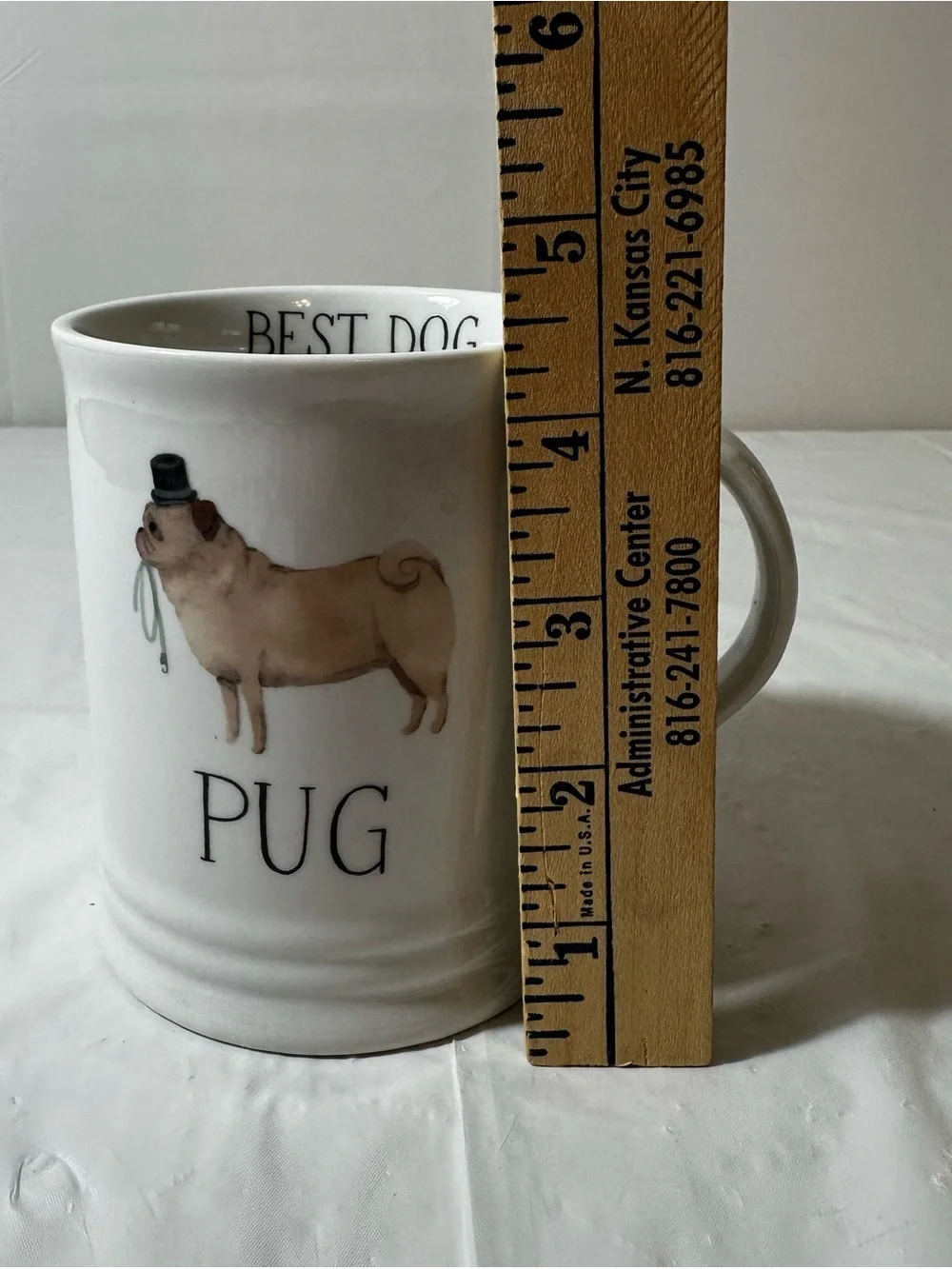 Fringe Studio White Pug Ceramic Dog Bowl Mug with‎ Top Hat Illustration